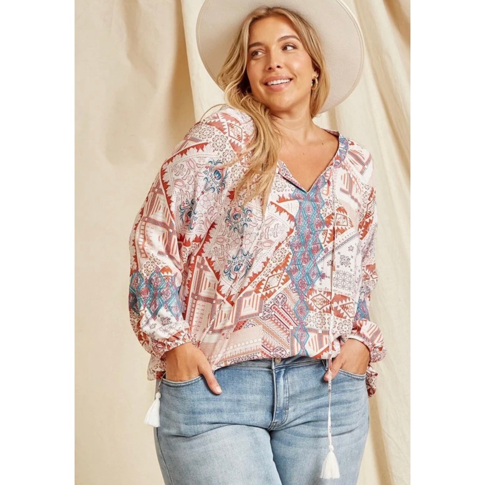 Savanna Jane 2X Boho Patchwork Print Tassel V Neck Long‎ Sleeve Blouse Women New